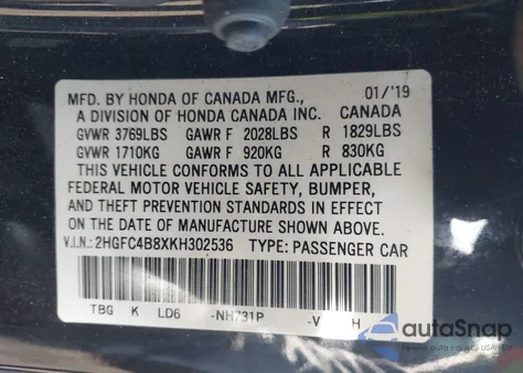 2019 Honda Civic Sport from USA, damaged, VIN 2HGFC4B8XKH302536
